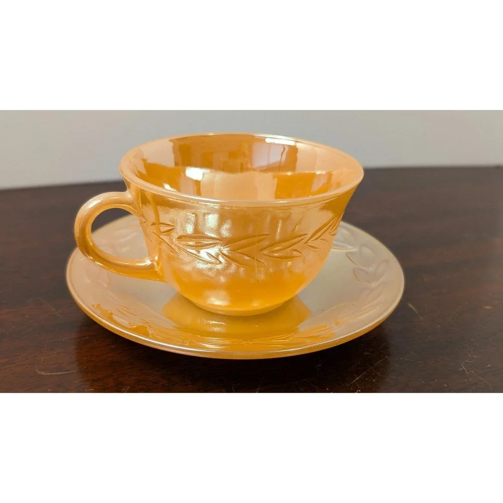 Fire King Peach Lustreware Cup Saucer Set Anchor Hocking Vintage Glass 4pc
